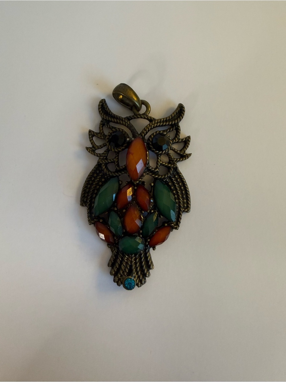 Source Unknown Brass Owl Pendant Necklace with Green and Orange Stones